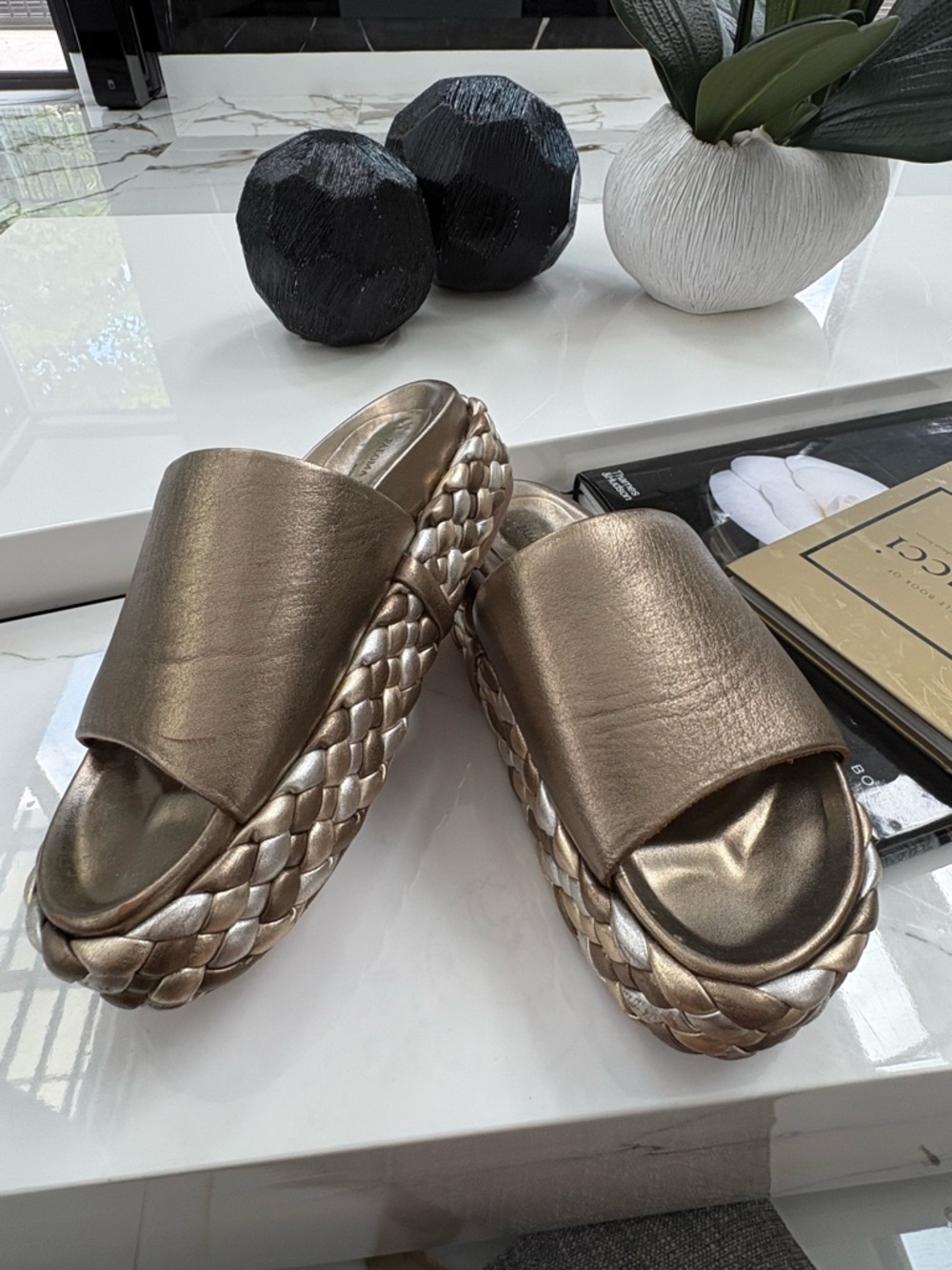 Metallic Braided Platform Slide Sandals - Gold